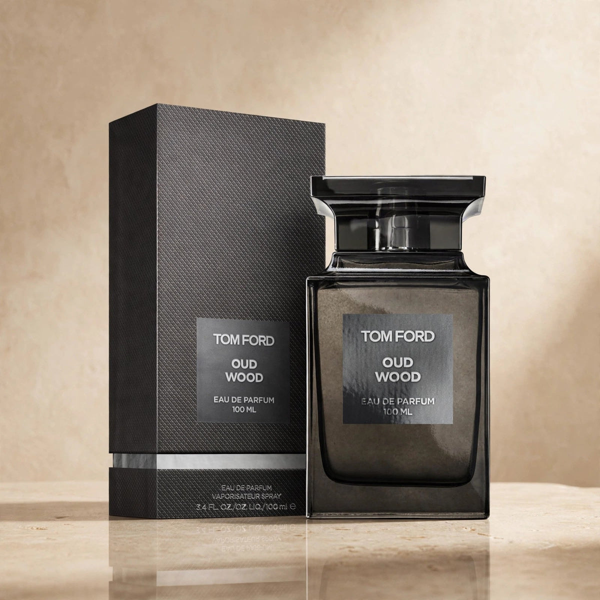 Tom Ford Oud Wood EDP in warm beige luxury studio