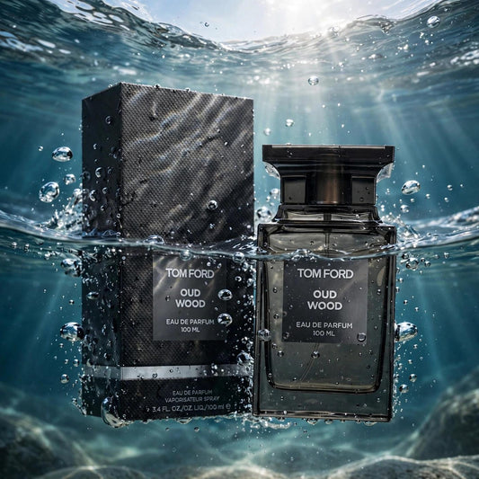 Tom Ford Oud Wood EDP bottle in clear water splash