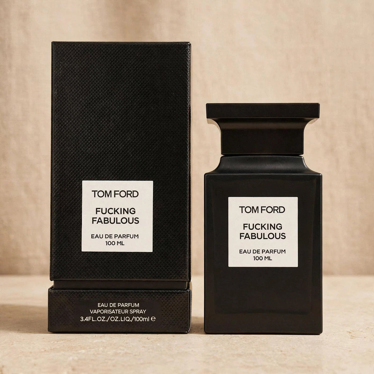 Tom Ford Fucking Fabulous EDP in warm beige luxury studio