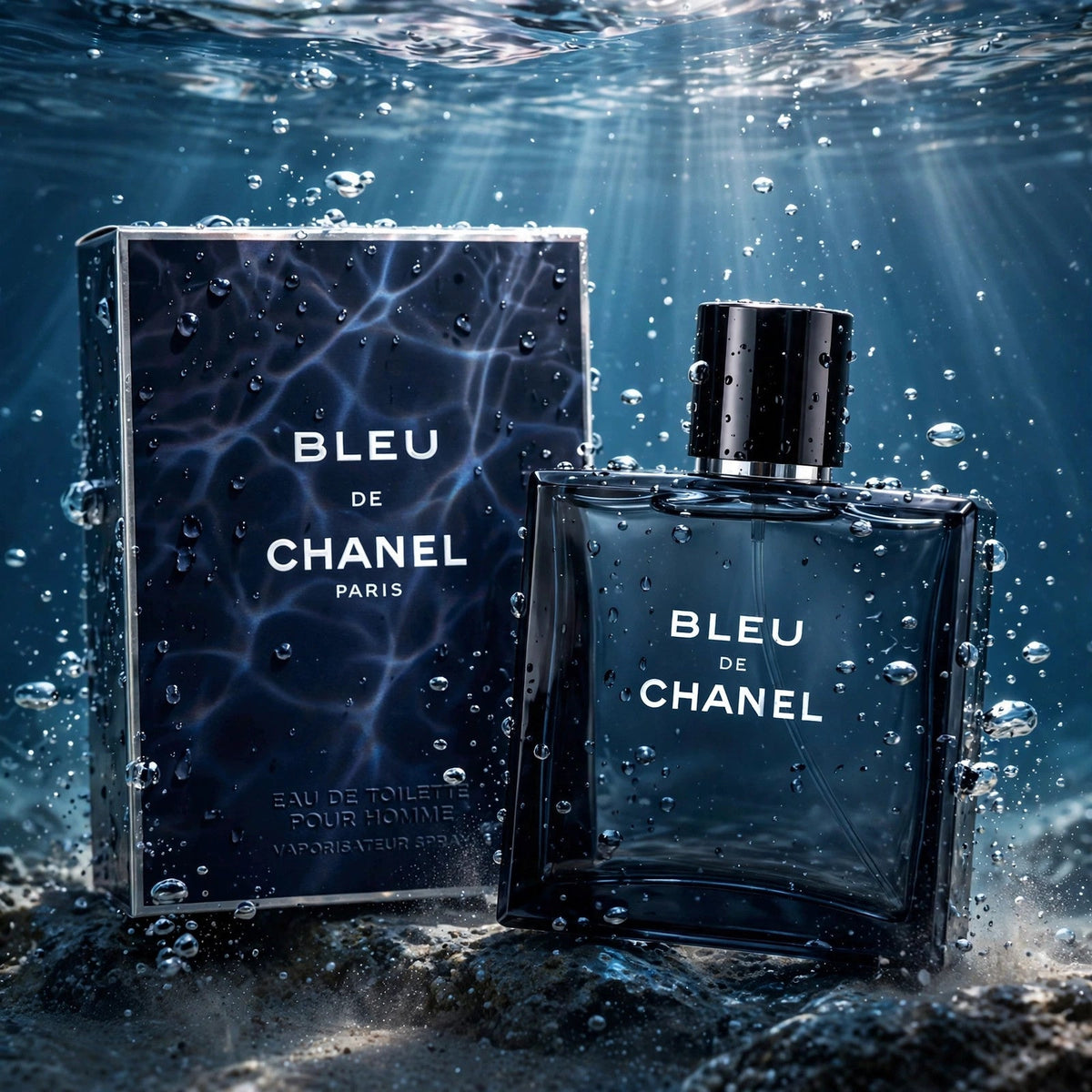 Chanel Bleu De Chanel EDT bottle in clear water splash