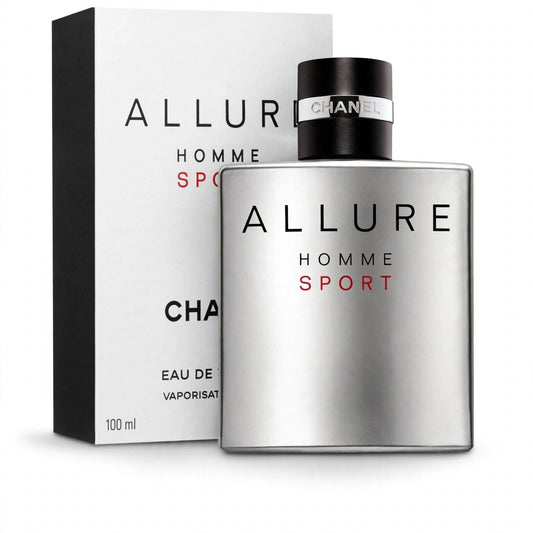 Chanel Allure Homme Sport Eau de Toilette 100ml bottle and box on white background