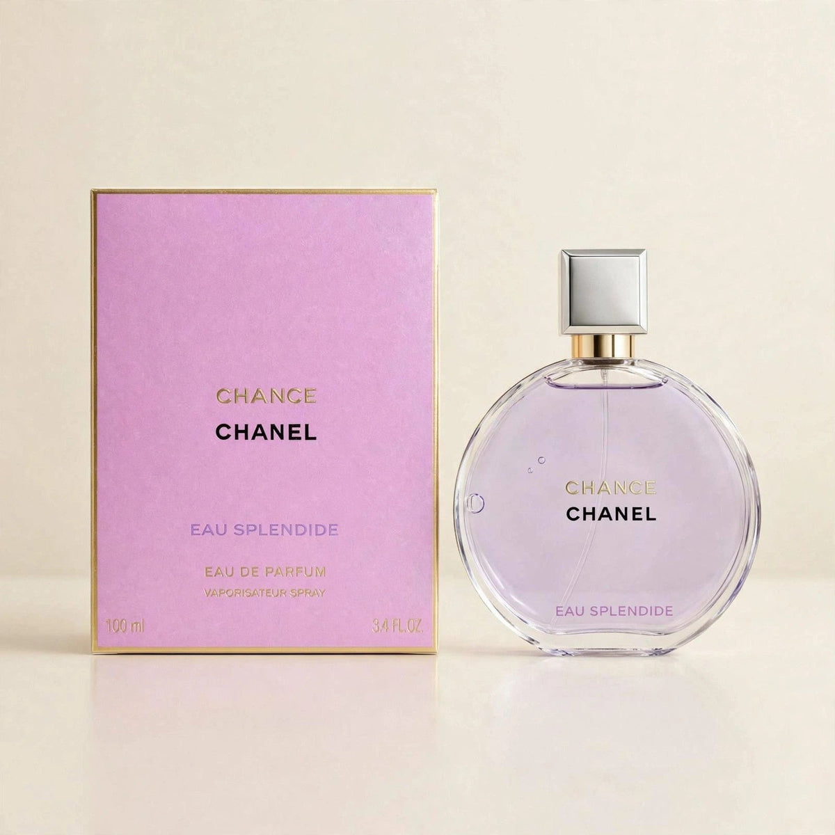 Chanel Chance Eau Splendide EDP in a cream studio setting