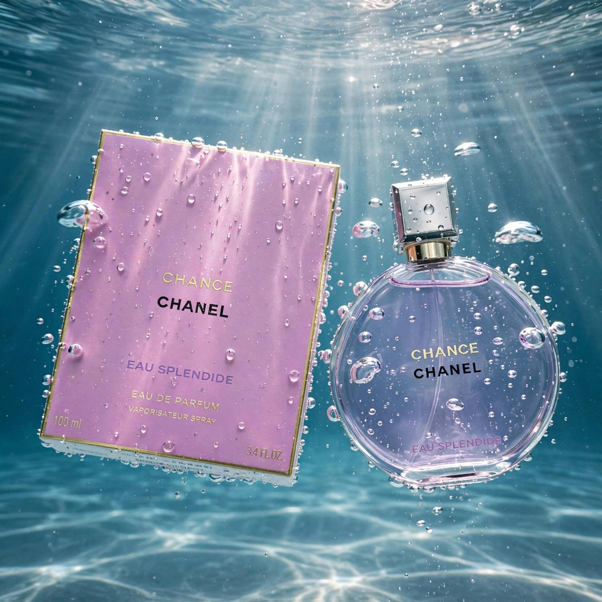 Chanel Chance Eau Splendide EDP bottle in clear water splash