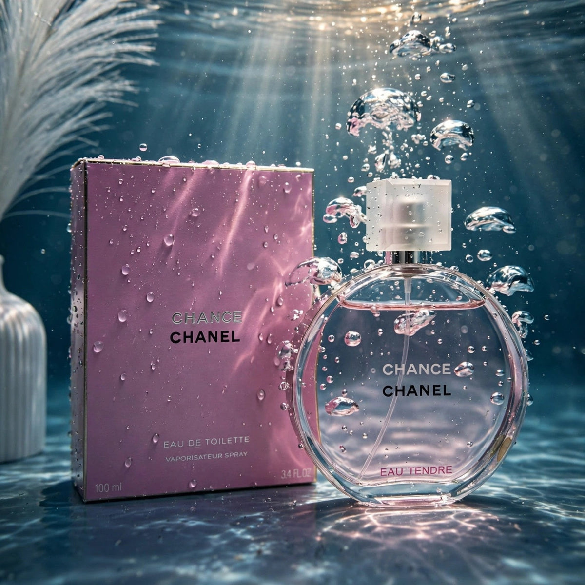 Chanel Chance Eau Tendre EDT bottle in clear water splash