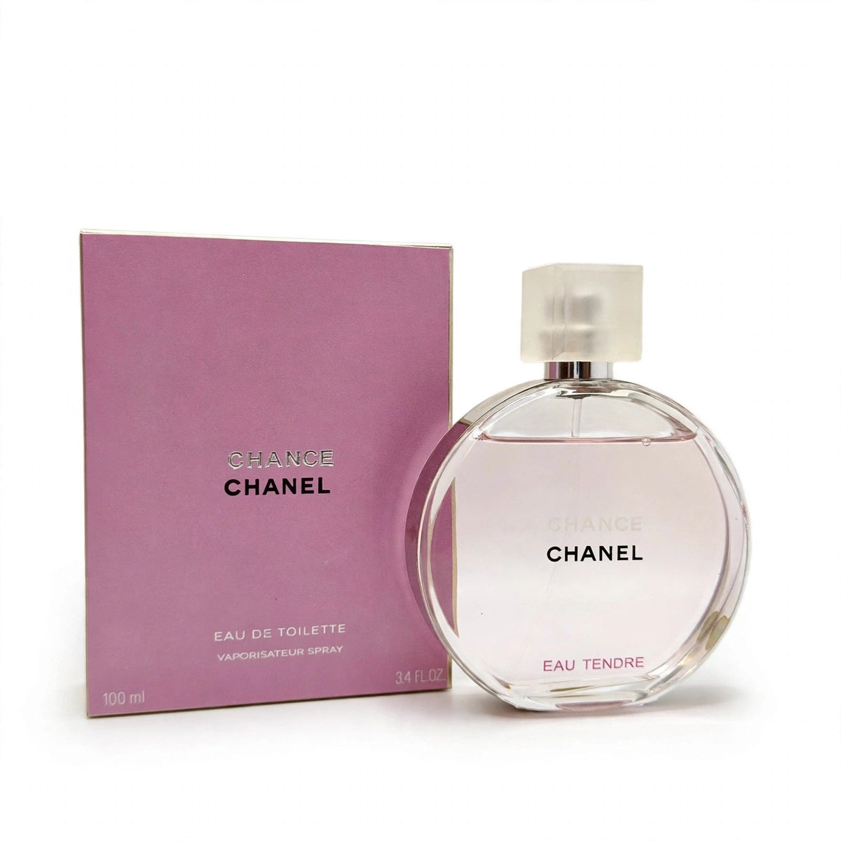 Chanel Chance Eau Tendre Eau de Toilette 100ml bottle and box on white background