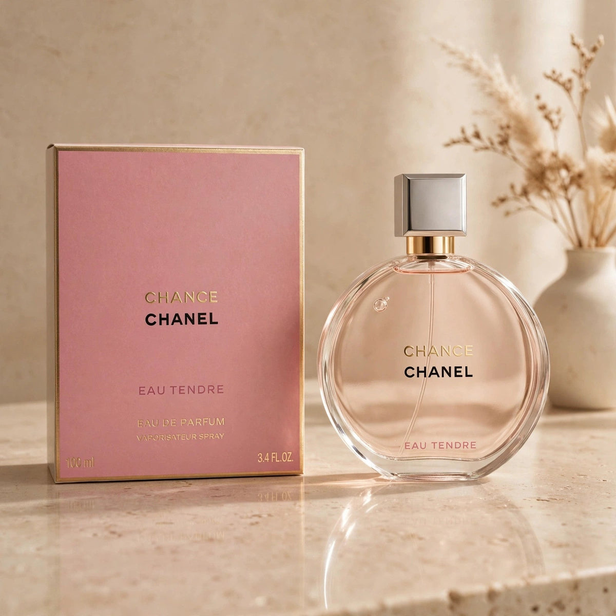Chanel Chance Eau Tendre EDP in warm beige luxury studio