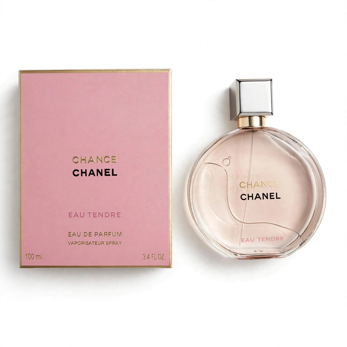 Chanel Chance Eau Tendre Eau de Parfum 100ml bottle and box on white background
