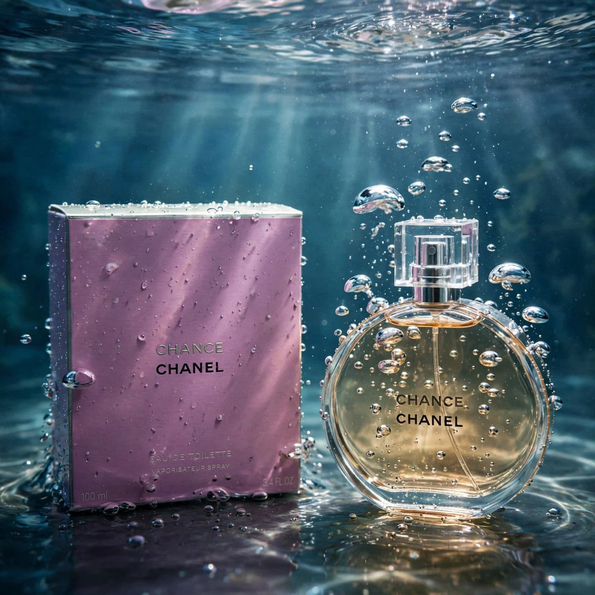 Chanel Chance EDT bottle in clear water splash