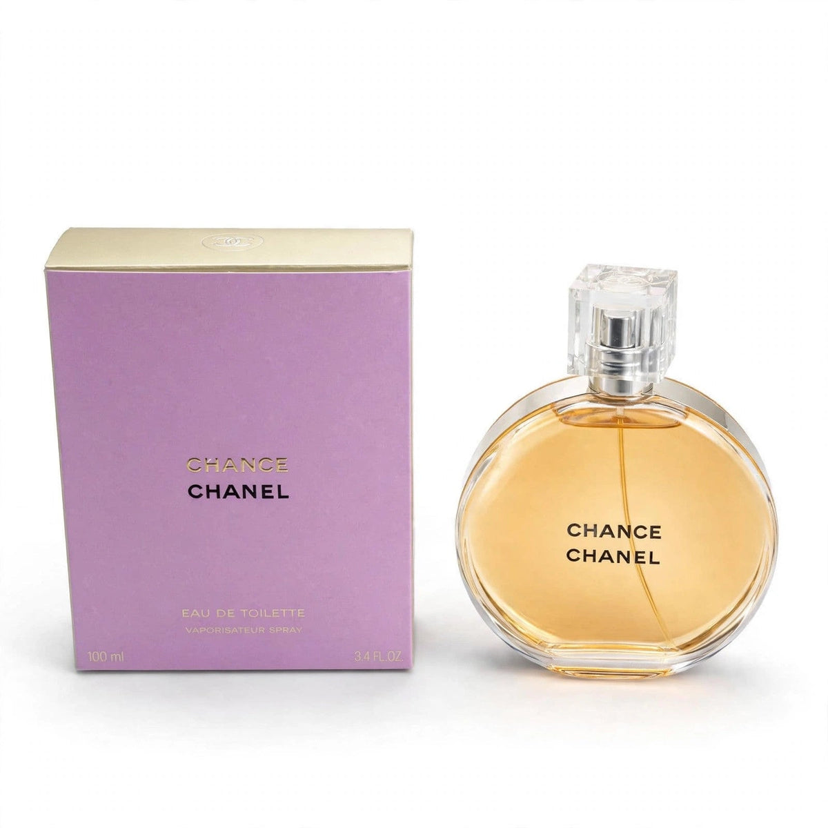 Chanel Chance Eau de Toilette 100ml bottle and box on white background