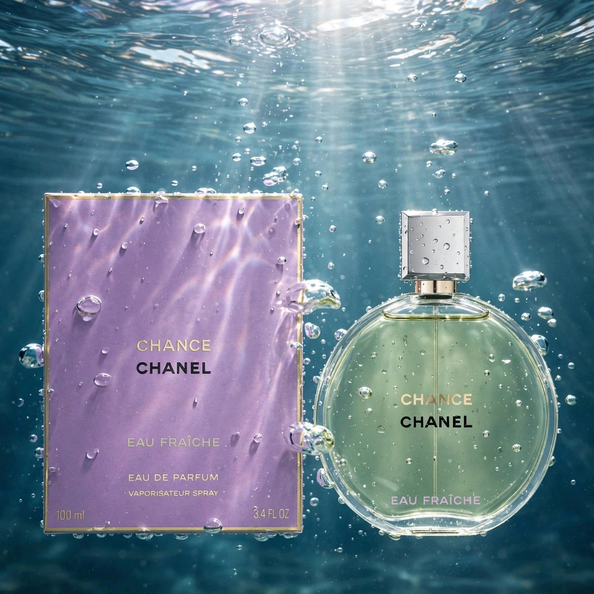 Chanel Chance Eau Fraiche EDP bottle in clear water splash
