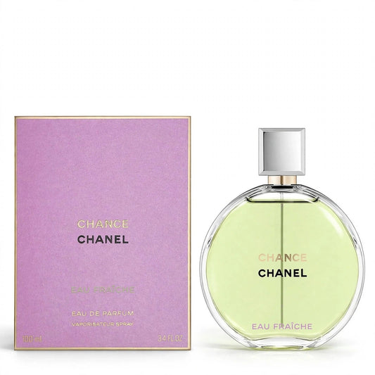 Chanel Chance Eau Fraiche EDP 100ml bottle and box on white background