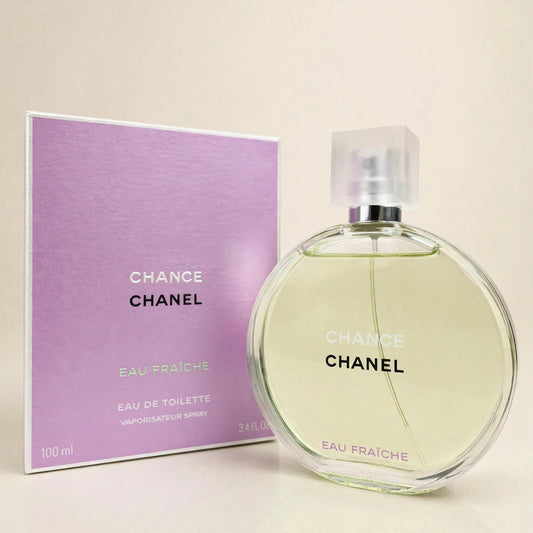 Chanel Chance Eau Fraiche EDT in a cream studio setting
