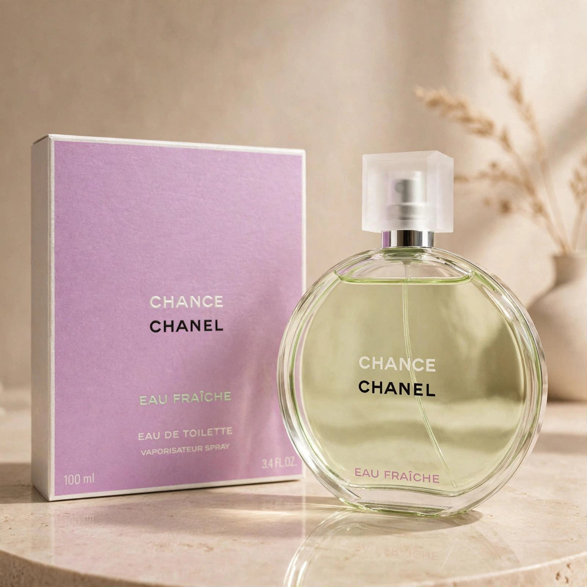Chanel Chance Eau Fraiche EDT in warm beige luxury studio