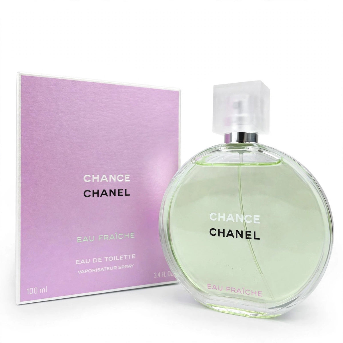 Chanel Chance Eau Fraiche EDT 100ml bottle and box on white background