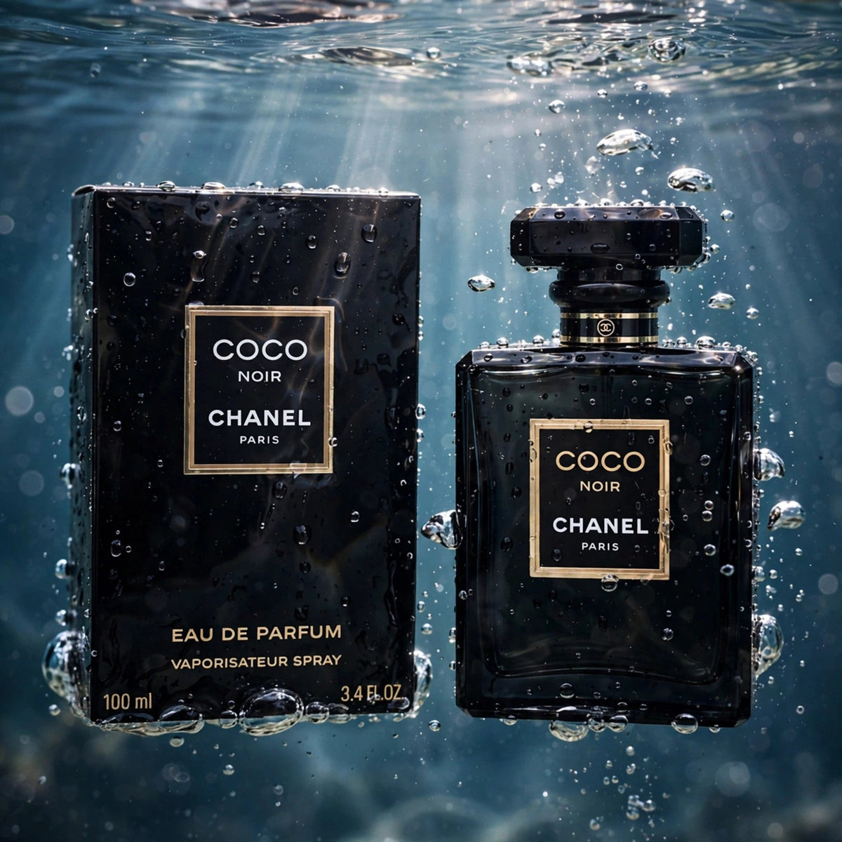 Chanel Coco Noir EDP bottle in clear water splash