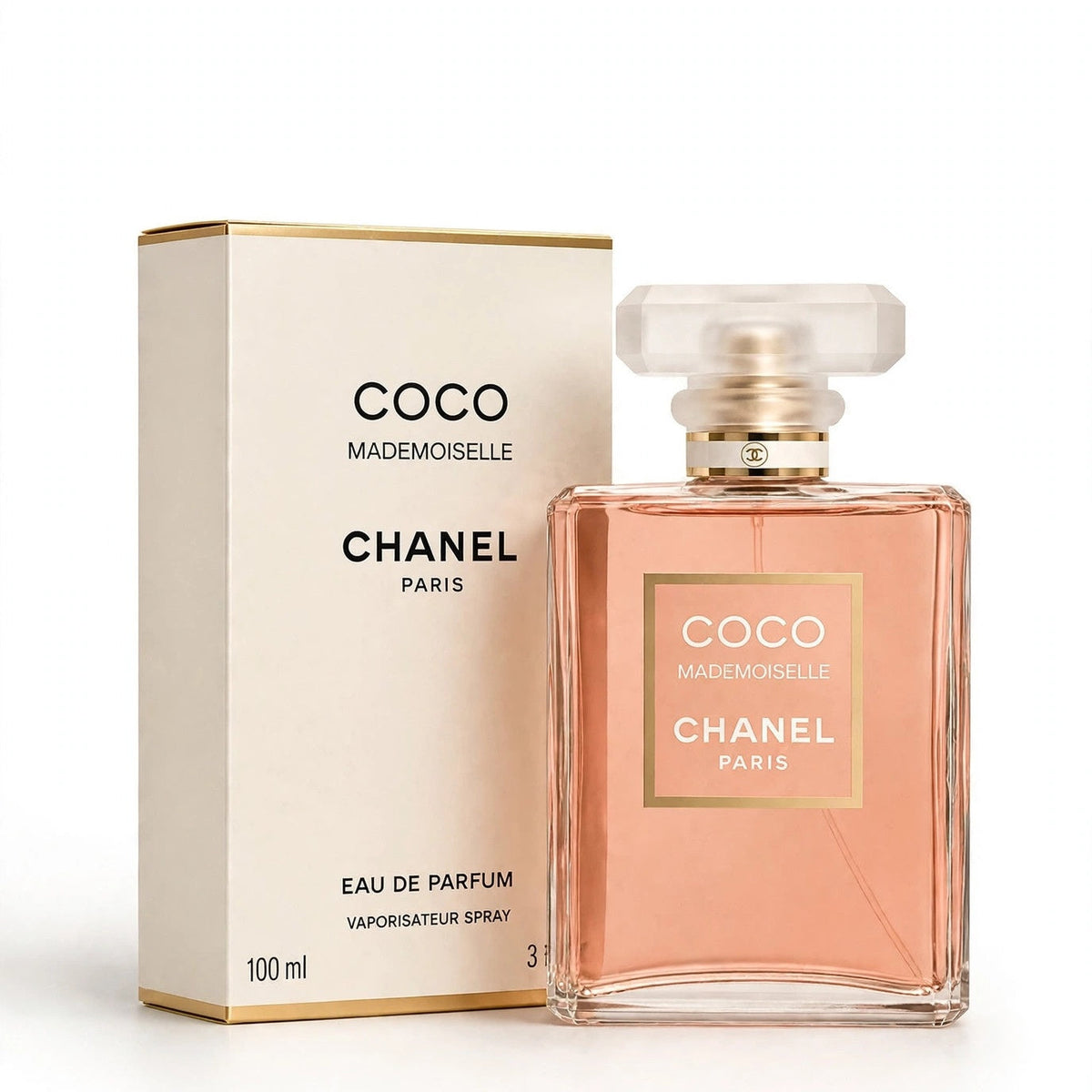 Chanel Coco Mademoiselle EDP 100ml bottle and box on white background
