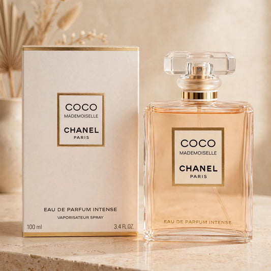 Chanel Coco Mademoiselle Intense EDP in warm beige luxury studio