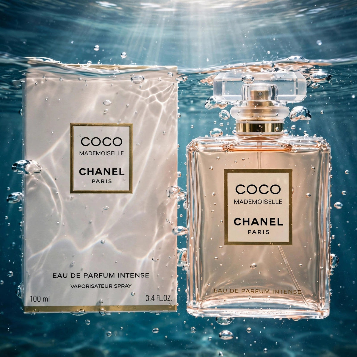 Chanel Coco Mademoiselle Intense EDP bottle in clear water splash