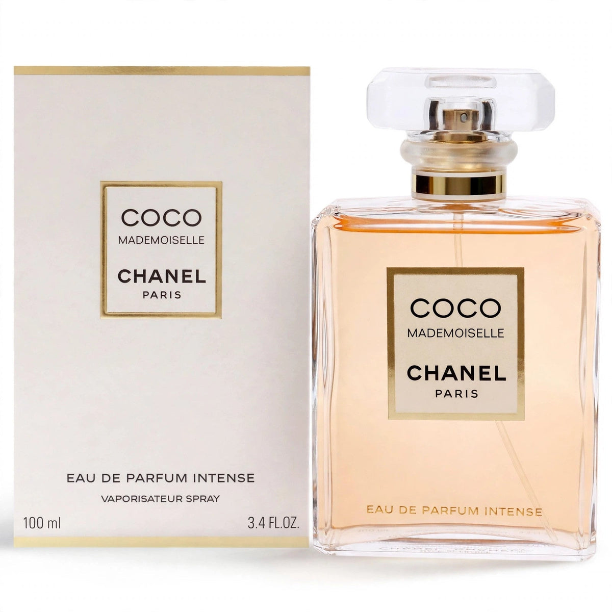 Chanel Coco Mademoiselle Intense EDP 100ml bottle and box on white background