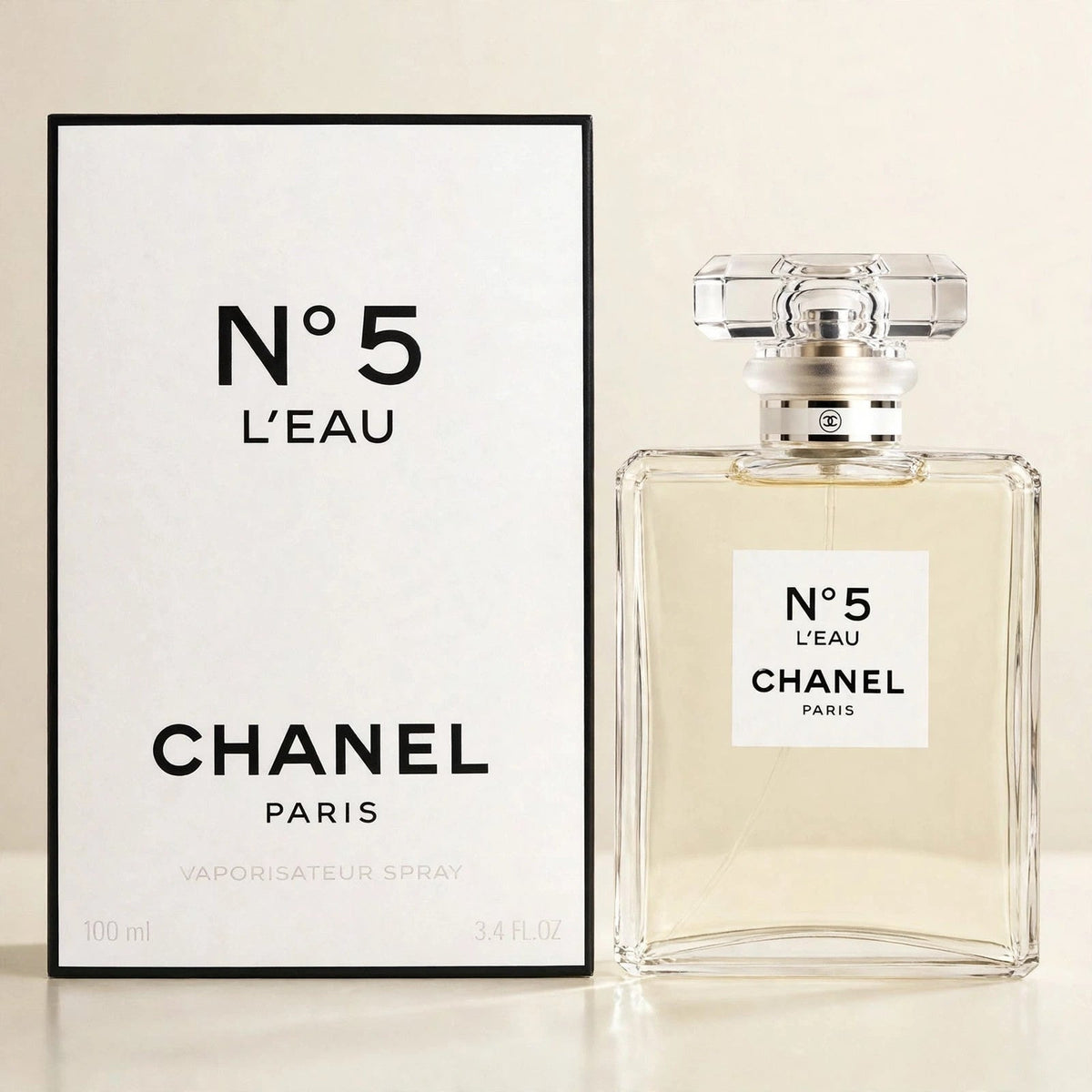 Chanel No 5 L'Eau EDT in a cream studio setting
