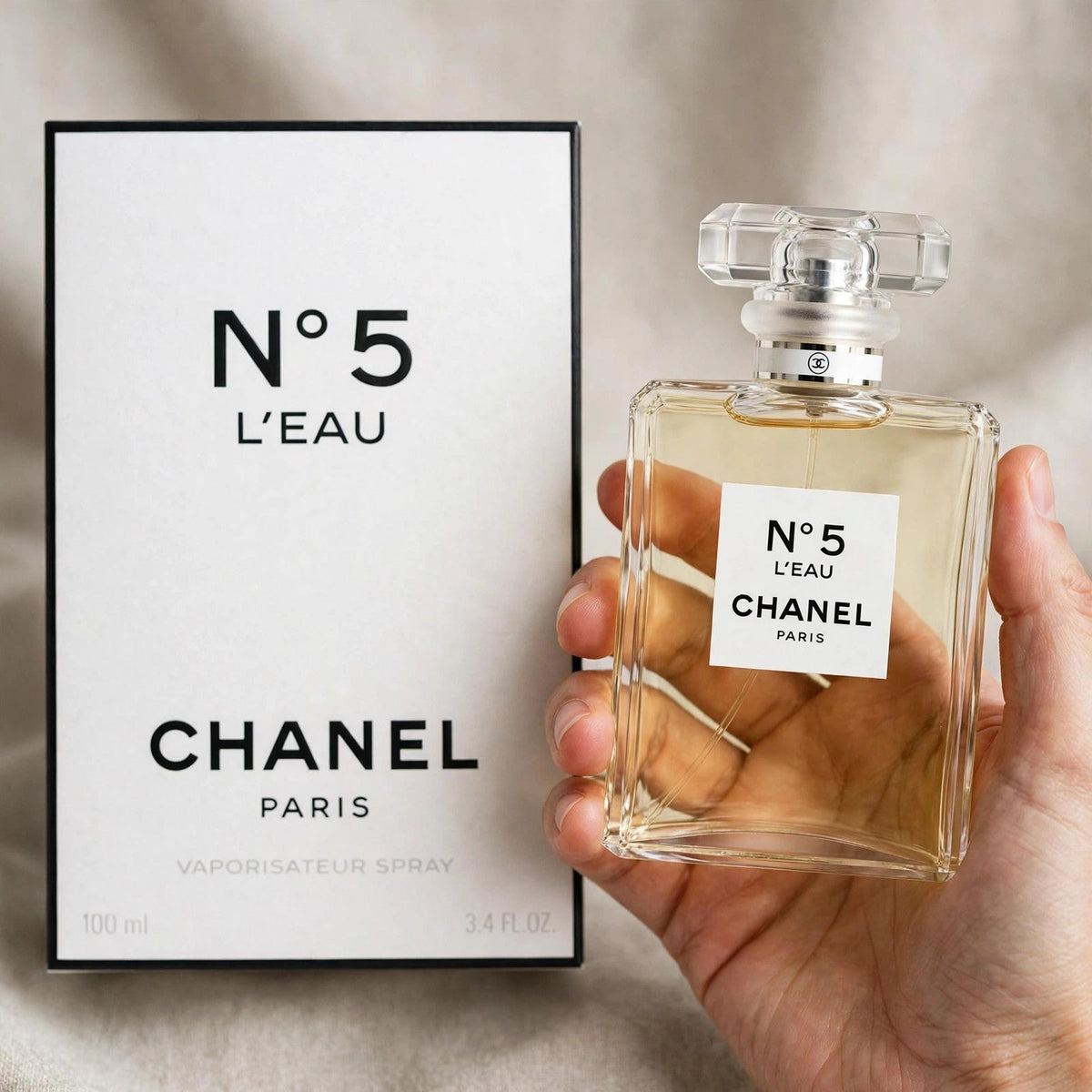 Hand holding Chanel No 5 L'Eau EDT perfume bottle