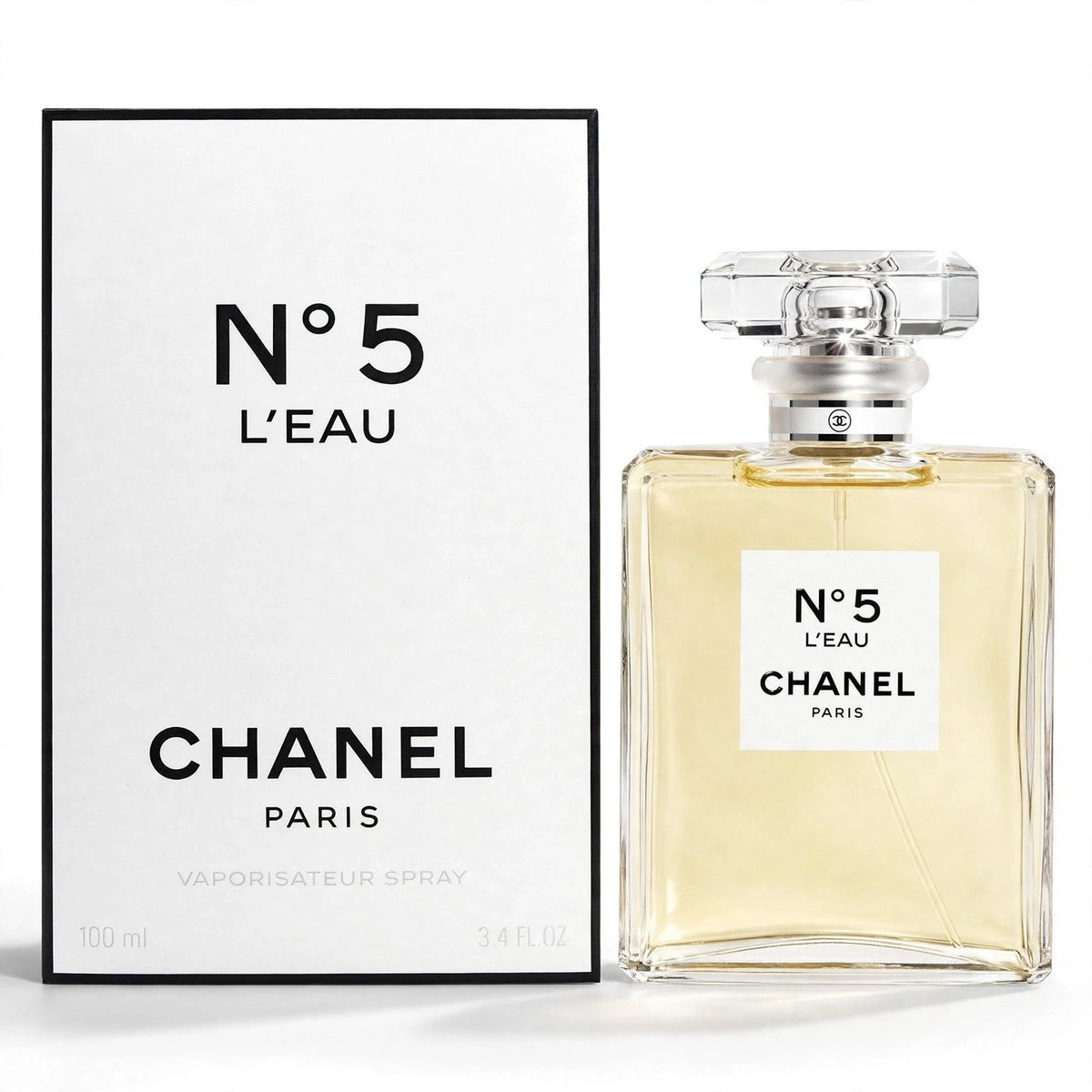 Chanel No 5 L'Eau EDT 100ml bottle and box on white background