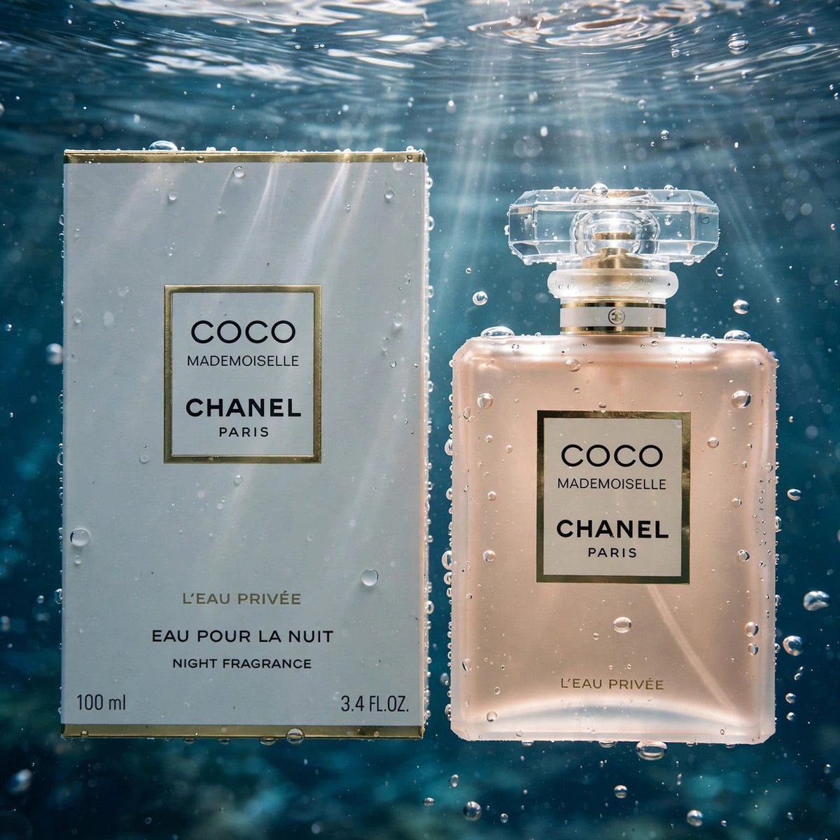 Chanel Coco Mademoiselle L'Eau Privee EDP bottle in clear water splash