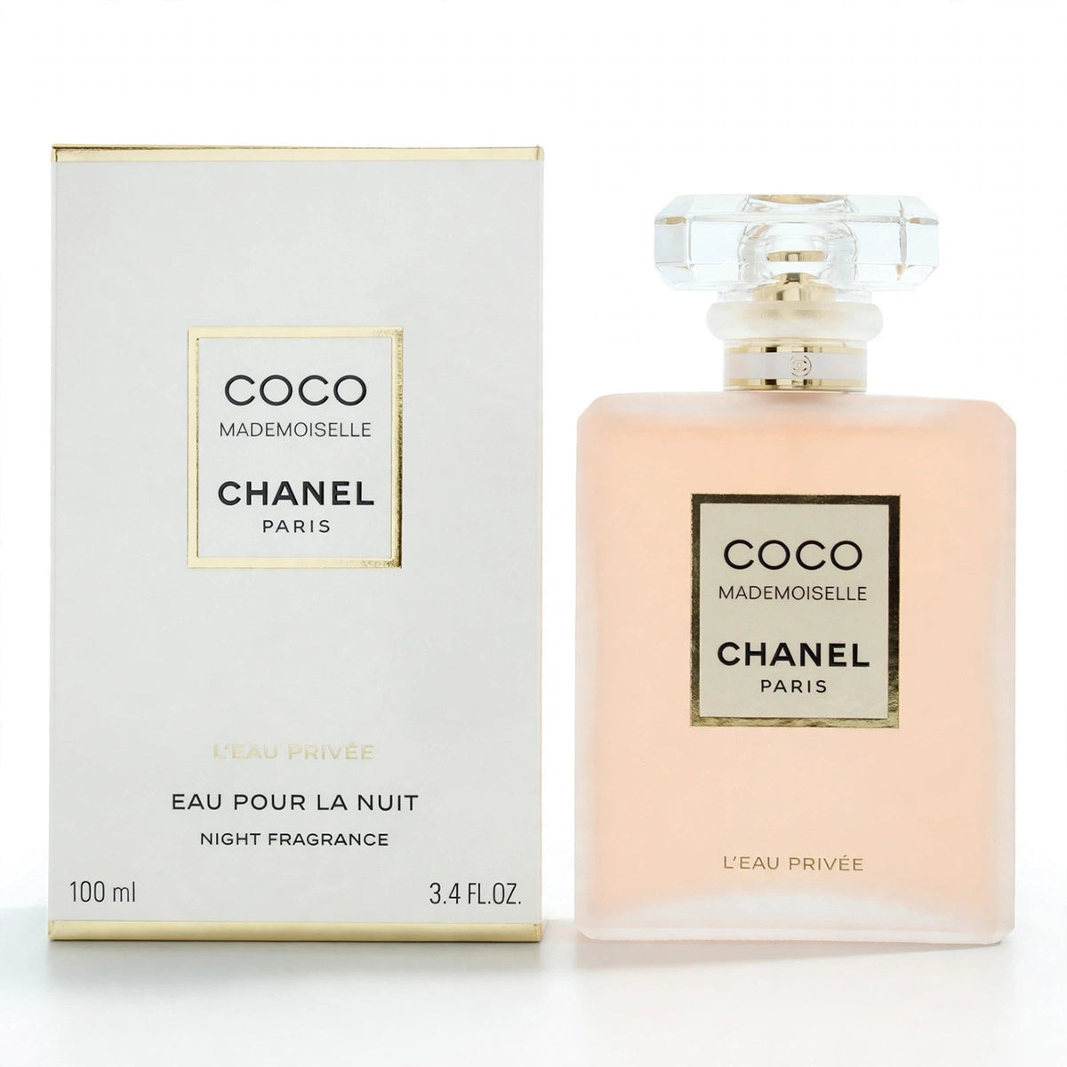 Chanel Coco Mademoiselle L'Eau Privee EDP 100ml bottle and box on white background