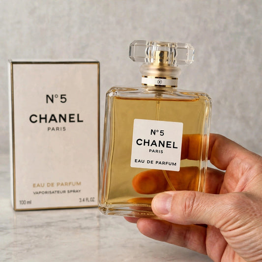 Hand holding Chanel No 5 EDP perfume bottle