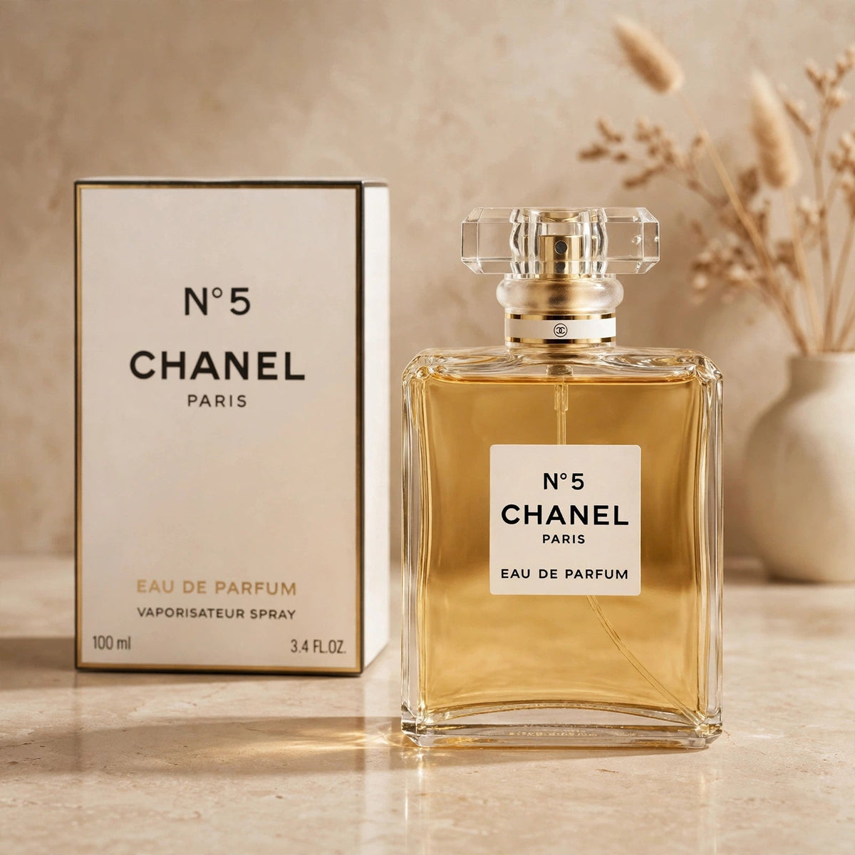 Chanel No 5 EDP in warm beige luxury studio