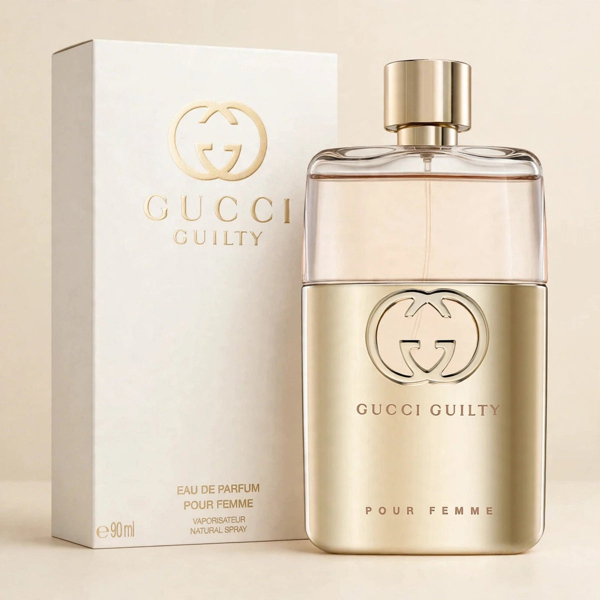Gucci Guilty Pour Femme EDP in a cream studio setting