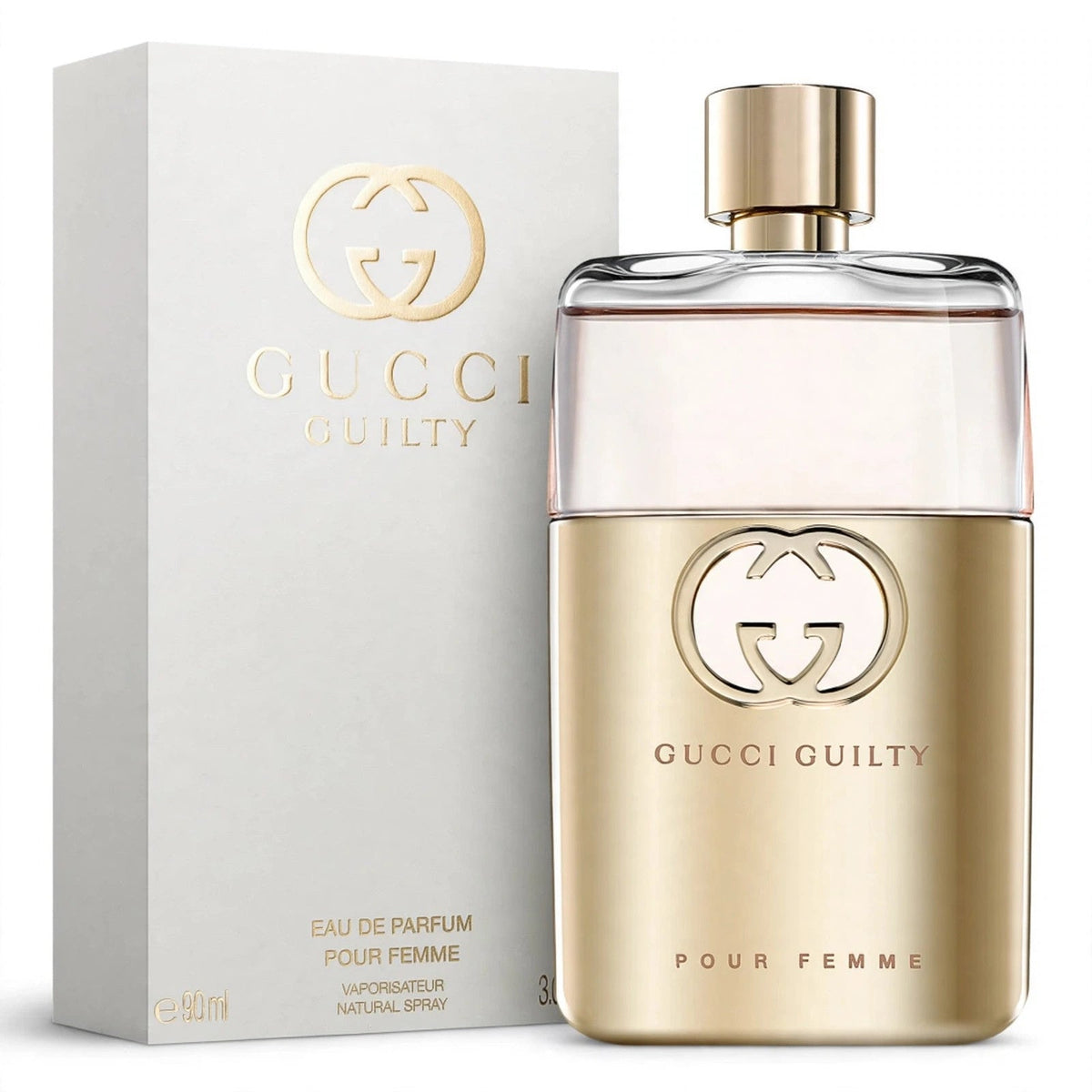 Gucci Guilty Pour Femme EDP 90ml bottle and box on white background