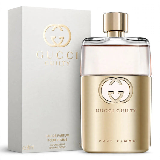Gucci Guilty Pour Femme EDP 90ml bottle and box on white background