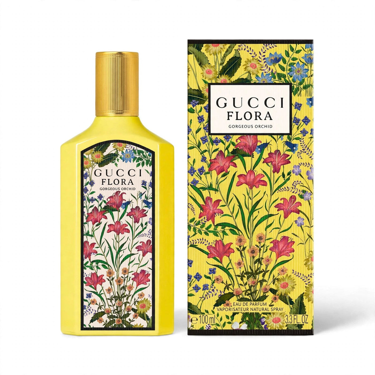 Gucci Flora Gorgeous Orchid EDP 100ml bottle and box on white background