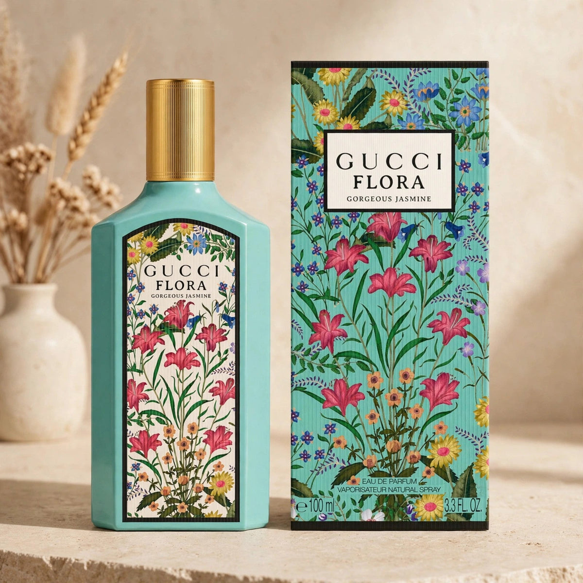 Gucci Flora Gorgeous Jasmine EDP in warm beige luxury studio