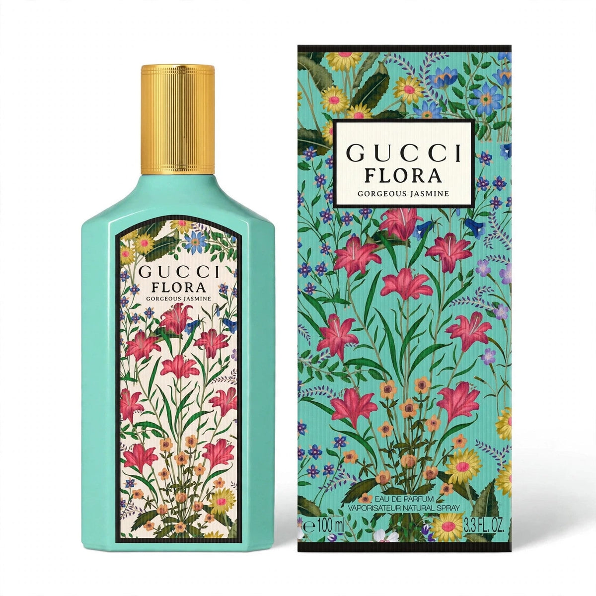 Gucci Flora Gorgeous Jasmine EDP 100ml bottle and box on white background