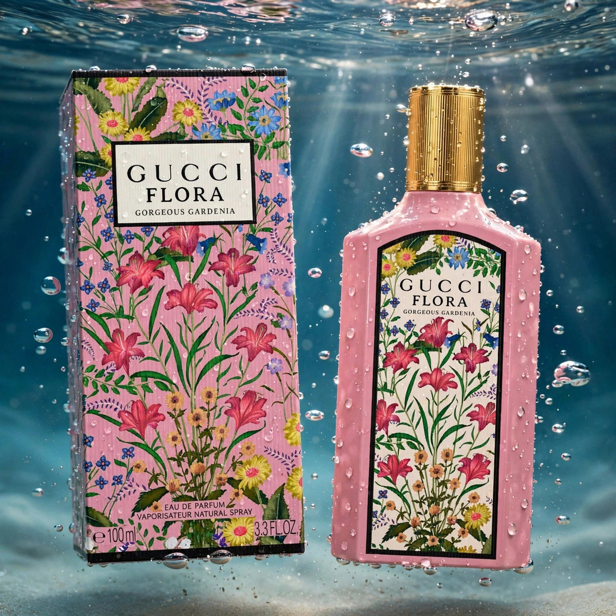Gucci Flora Gorgeous Gardenia EDP bottle in clear water splash