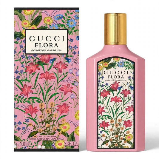 Gucci Flora Gorgeous Gardenia EDP 100ml bottle and box on white background