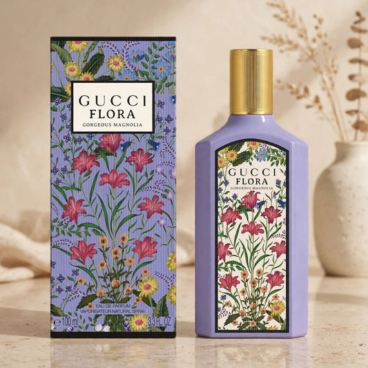 Gucci Flora Gorgeous Magnolia EDP in warm beige luxury studio