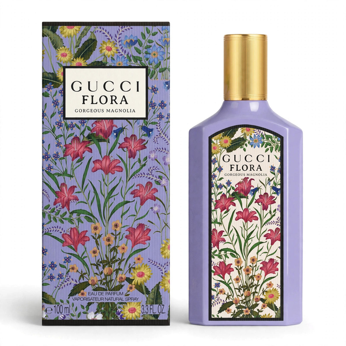 Gucci Flora Gorgeous Magnolia EDP 100ml bottle and box on white background