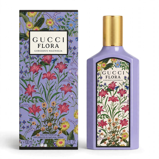 Gucci Flora Gorgeous Magnolia EDP 100ml bottle and box on white background
