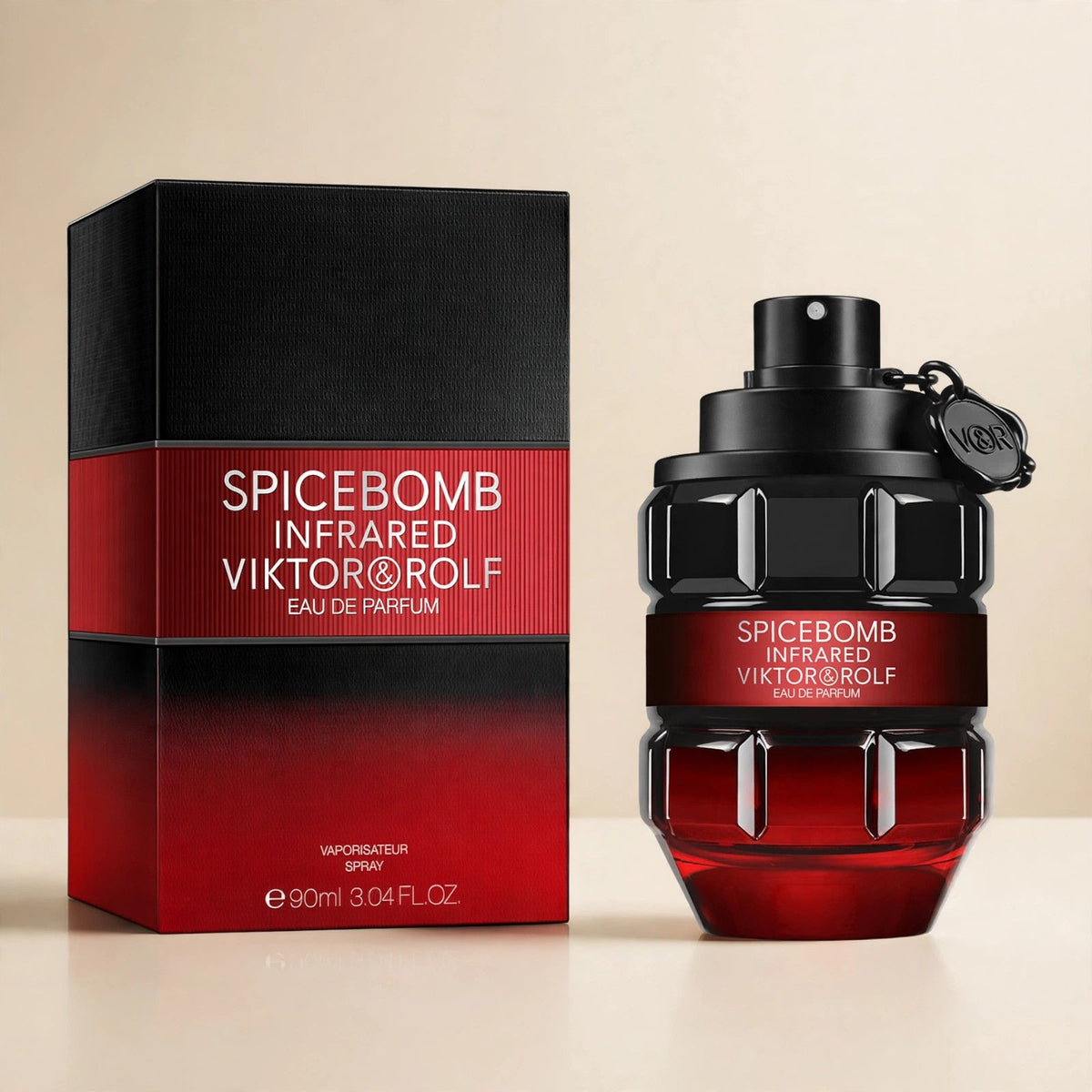Viktor & Rolf Spicebomb Infrared EDP in a cream studio setting