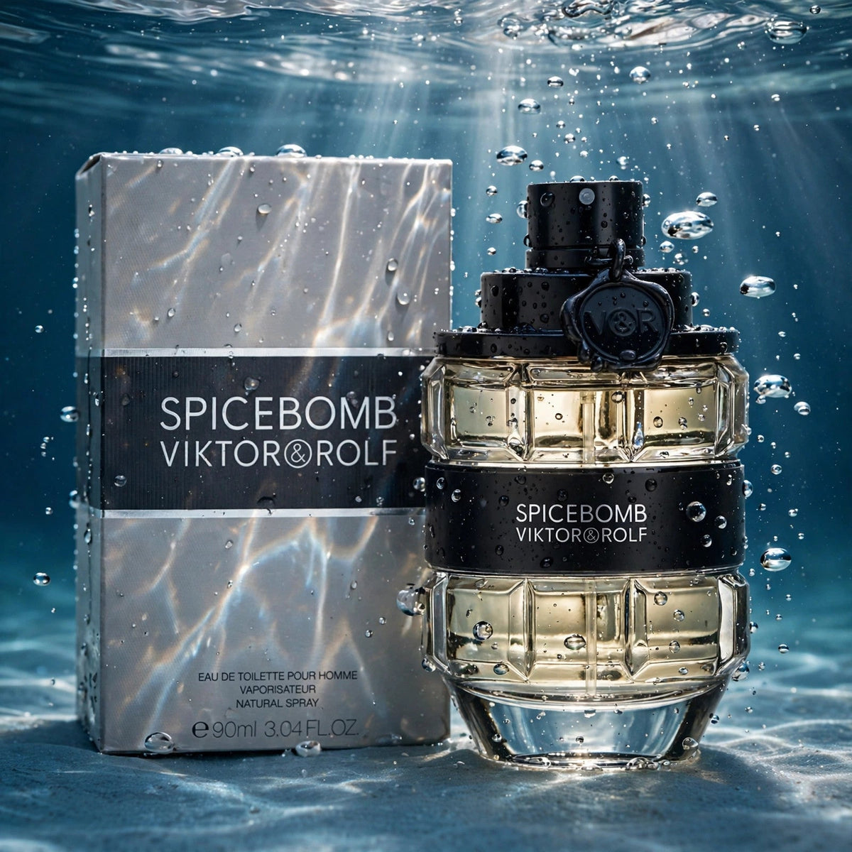 Viktor & Rolf Spicebomb EDT bottle in clear water splash
