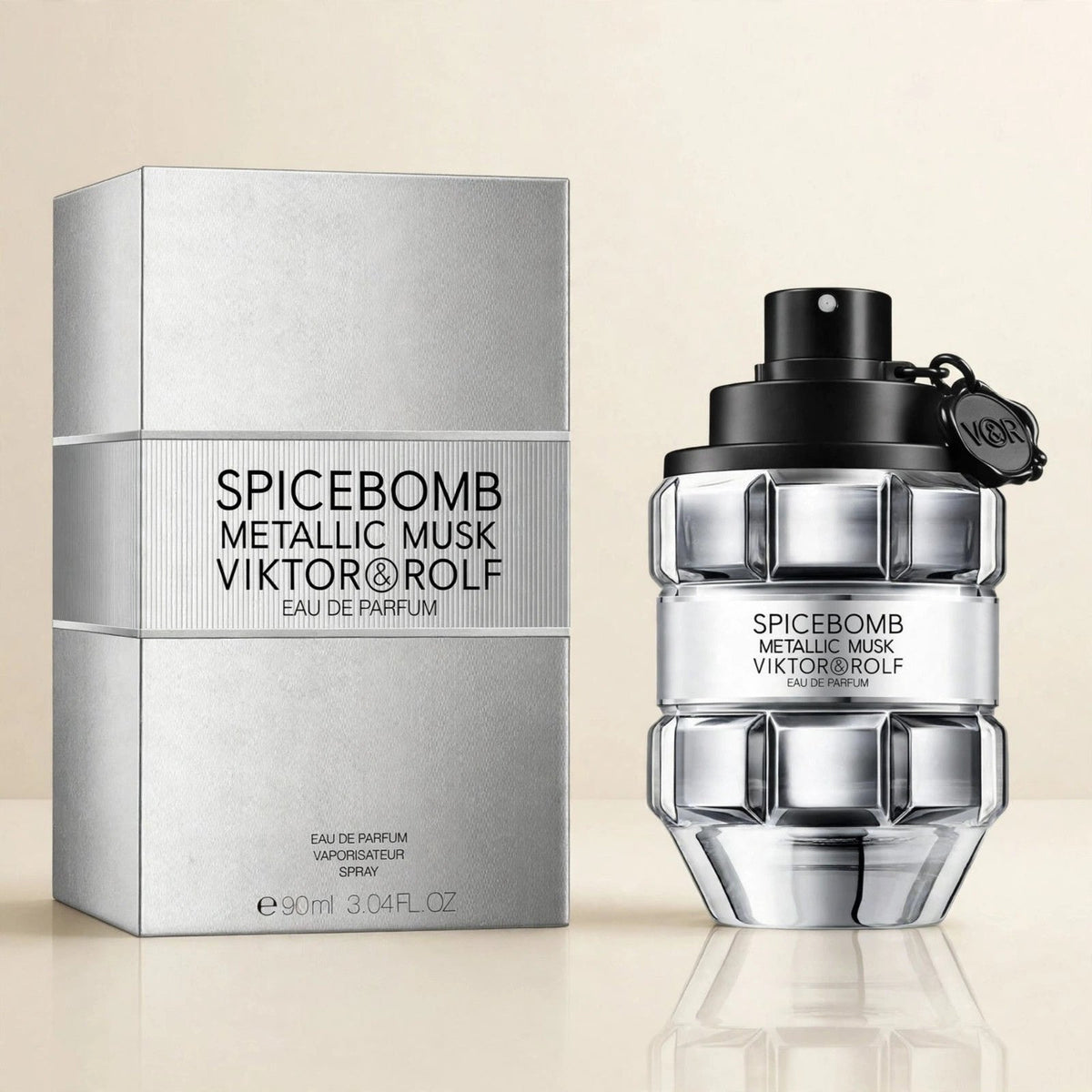 Viktor & Rolf Spicebomb Metallic Musk EDP in a cream studio setting