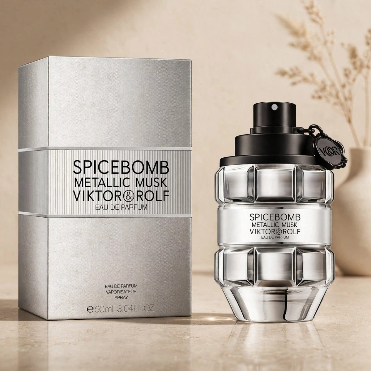 Viktor & Rolf Spicebomb Metallic Musk EDP in warm beige luxury studio