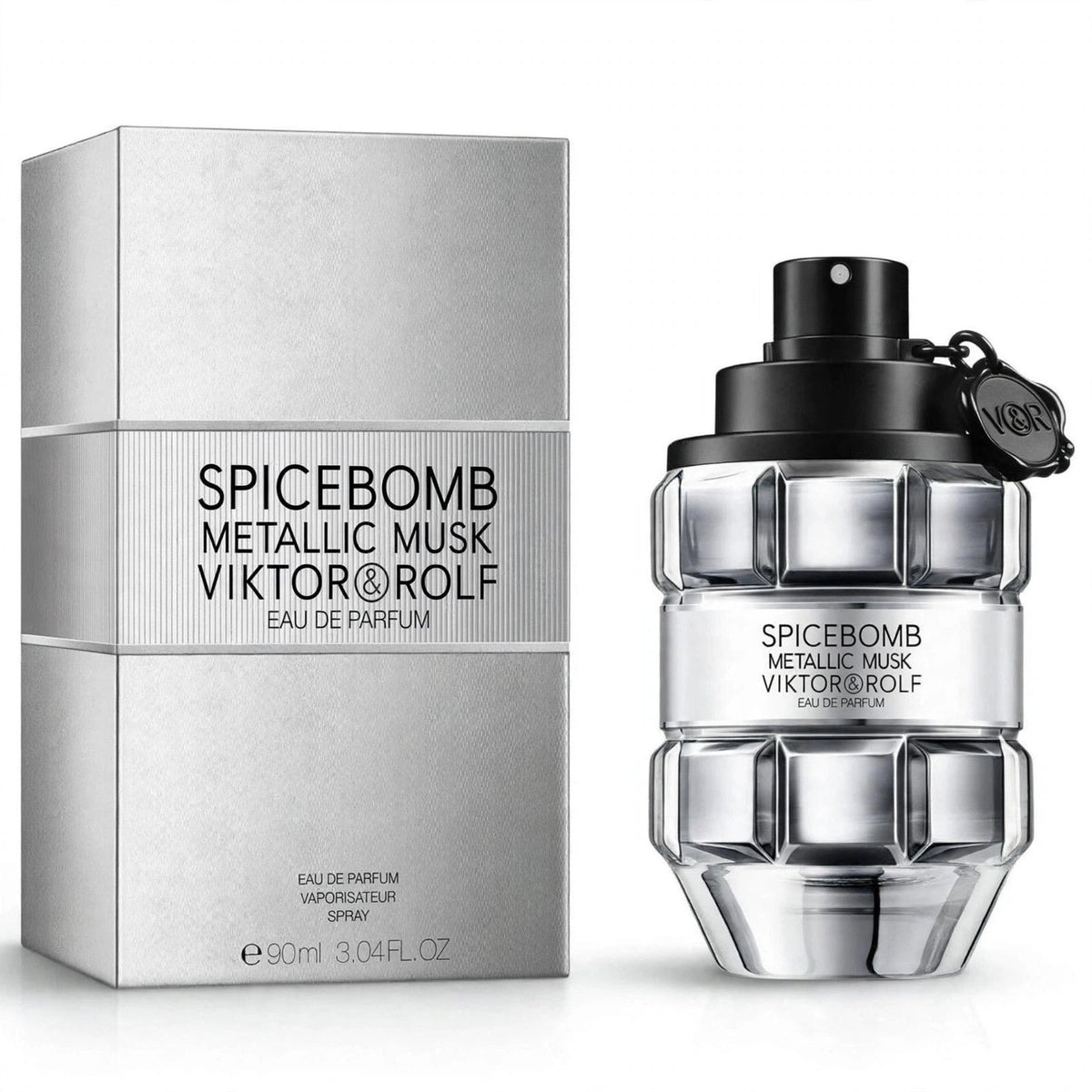 Viktor & Rolf Spicebomb Metallic Musk EDP 90ml bottle and box on white background