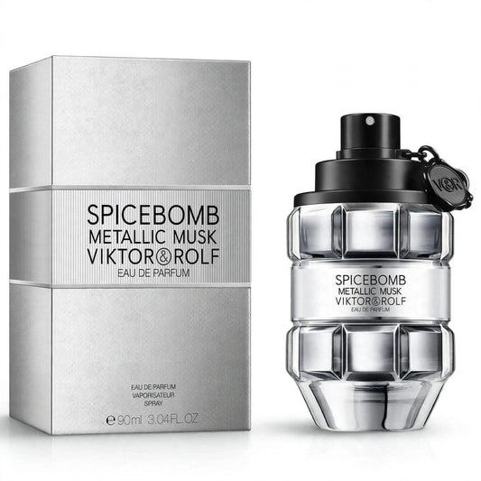 Viktor & Rolf Spicebomb Metallic Musk EDP 90ml bottle and box on white background