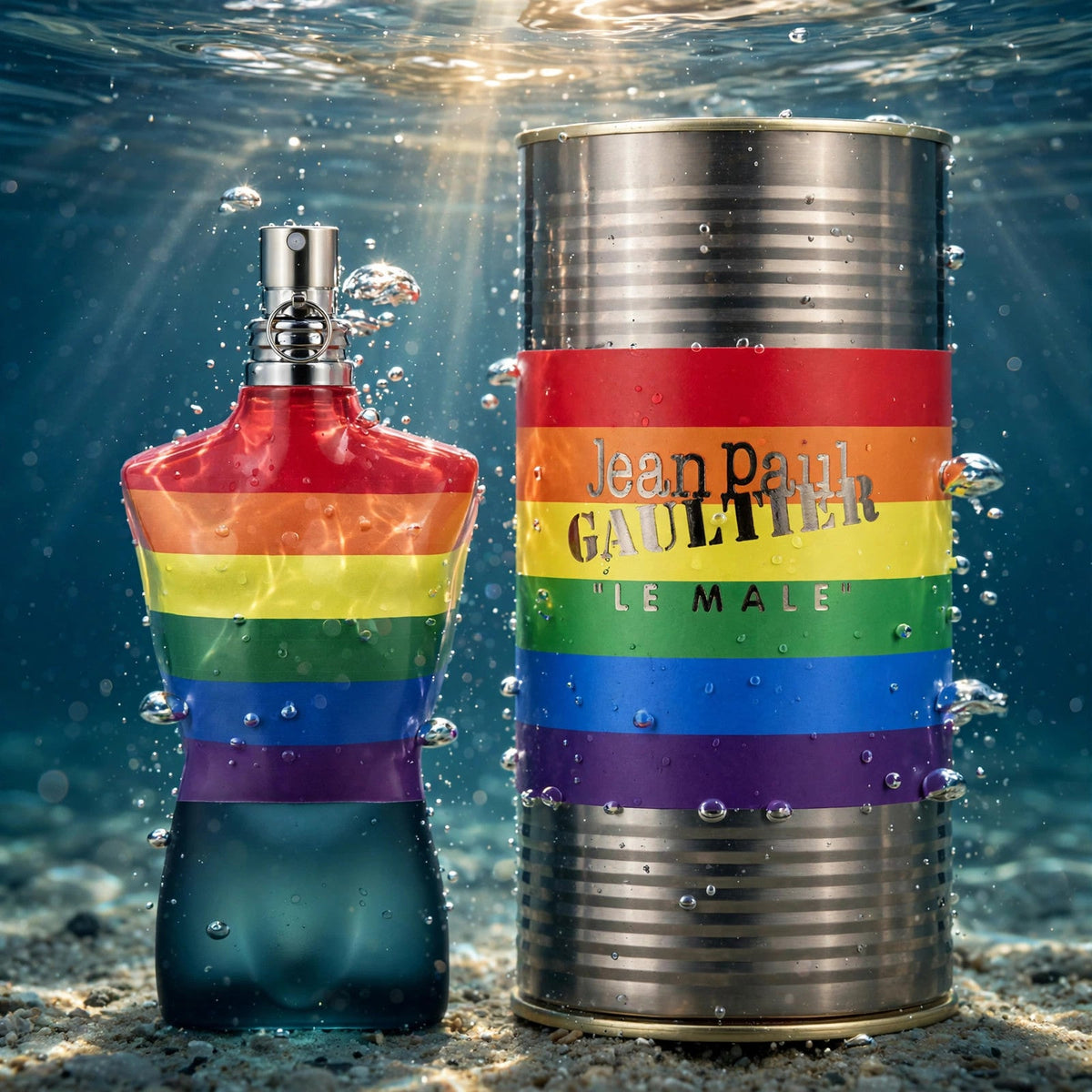 Jean Paul Gaultier Le Male Pride EDT bottle in clear water splash
