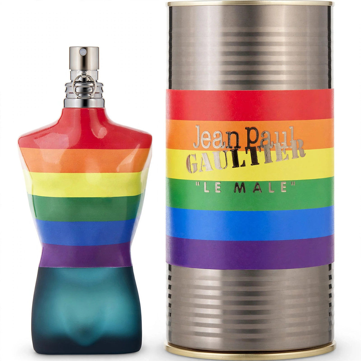 Jean Paul Gaultier Le Male Pride EDT 125ml bottle and can on white background