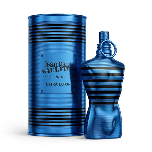 Jean Paul Gaultier Le Male Le Ultra Elixir Parfum 125ml bottle and can on white background